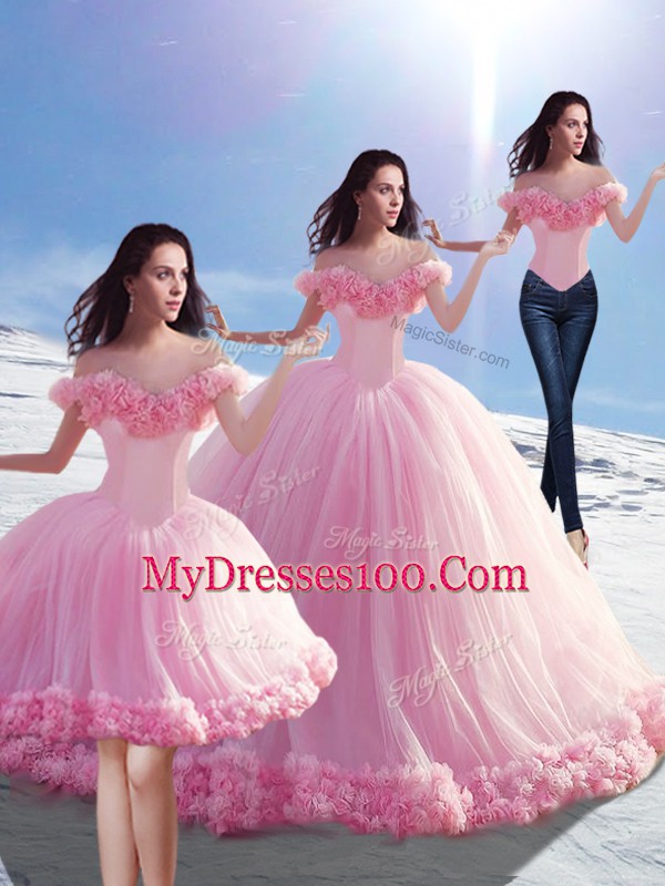Baby Pink Off The Shoulder Lace Up Hand Made Flower Quinceanera Gown Brush Train Sleeveless