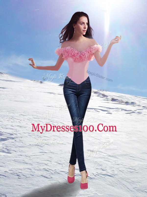 Baby Pink Off The Shoulder Lace Up Hand Made Flower Quinceanera Gown Brush Train Sleeveless