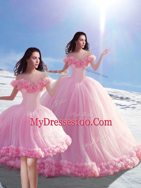 Baby Pink Off The Shoulder Lace Up Hand Made Flower Quinceanera Gown Brush Train Sleeveless