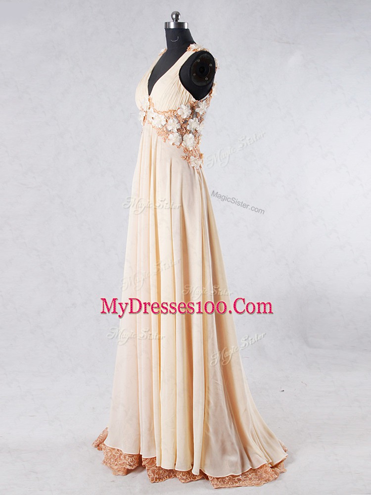 Champagne Sleeveless Sweep Train Beading and Lace and Hand Made Flower Prom Dresses