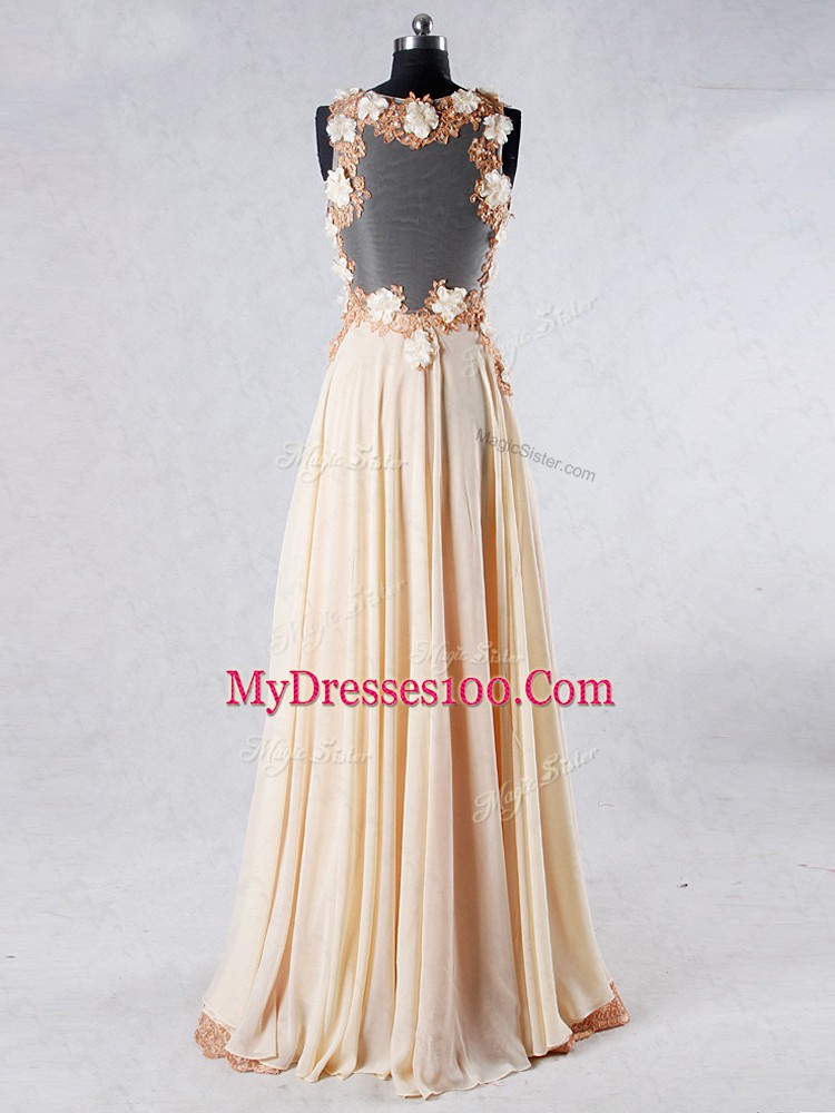 Champagne Sleeveless Sweep Train Beading and Lace and Hand Made Flower Prom Dresses