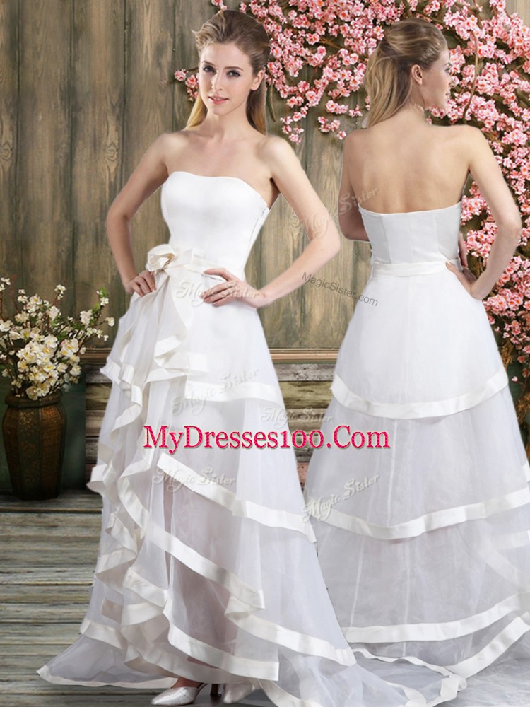 Great Tulle Off The Shoulder Sleeveless Sweep Train Backless Ruffled Layers and Belt Wedding Gown in White