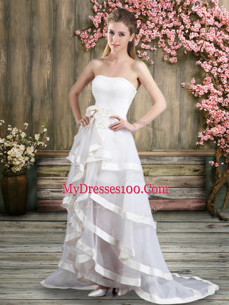 Great Tulle Off The Shoulder Sleeveless Sweep Train Backless Ruffled Layers and Belt Wedding Gown in White