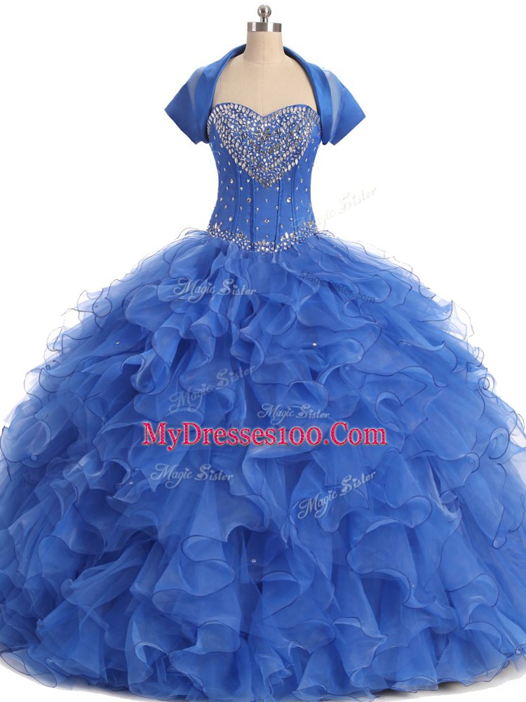 Blue Ball Gowns Strapless Sleeveless Organza Floor Length Lace Up Beading and Ruffles 15th Birthday Dress