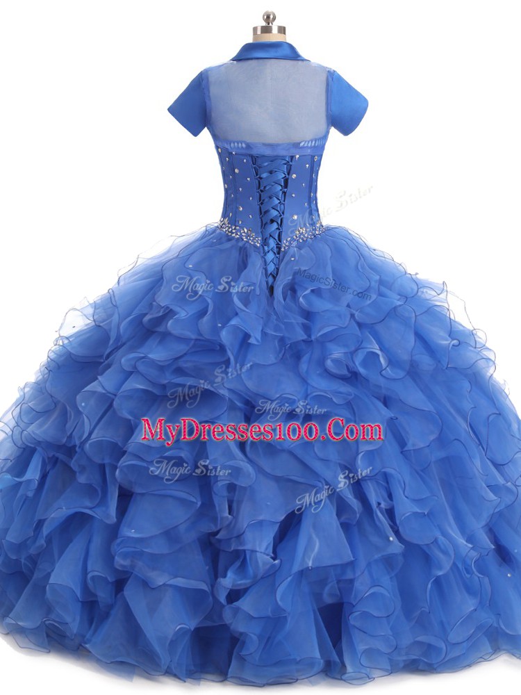 Blue Ball Gowns Strapless Sleeveless Organza Floor Length Lace Up Beading and Ruffles 15th Birthday Dress