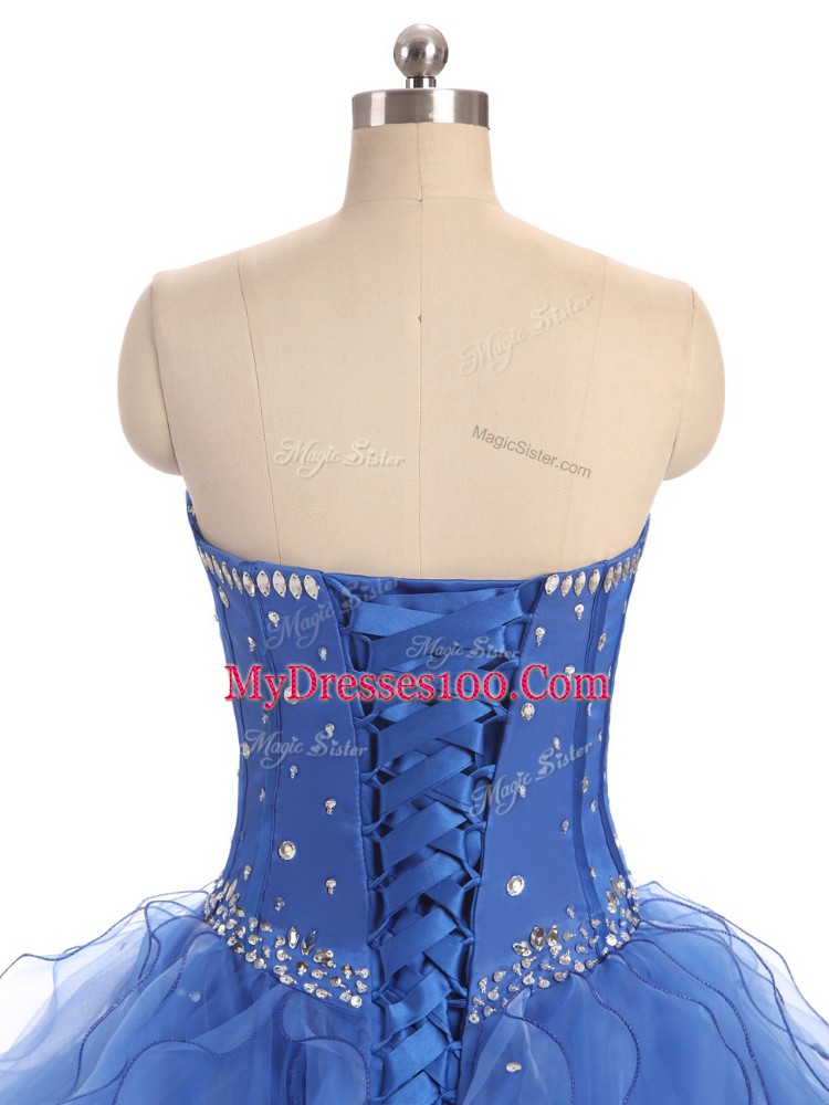 Blue Ball Gowns Strapless Sleeveless Organza Floor Length Lace Up Beading and Ruffles 15th Birthday Dress