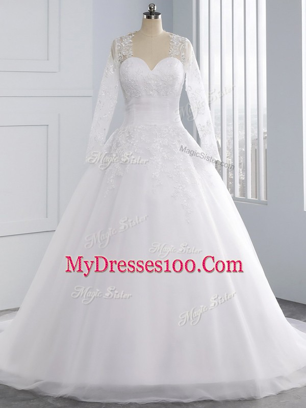 White Lace Up Sweetheart Appliques Wedding Dress Tulle Sleeveless Court Train