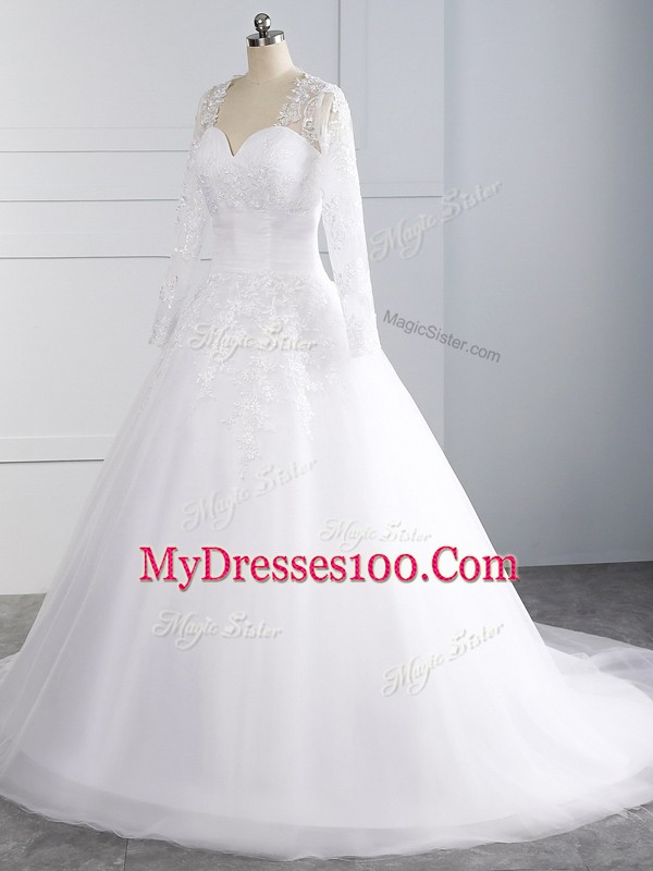 White Lace Up Sweetheart Appliques Wedding Dress Tulle Sleeveless Court Train