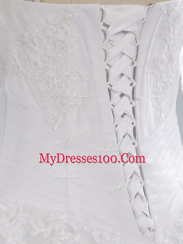 White Lace Up Sweetheart Appliques Wedding Dress Tulle Sleeveless Court Train