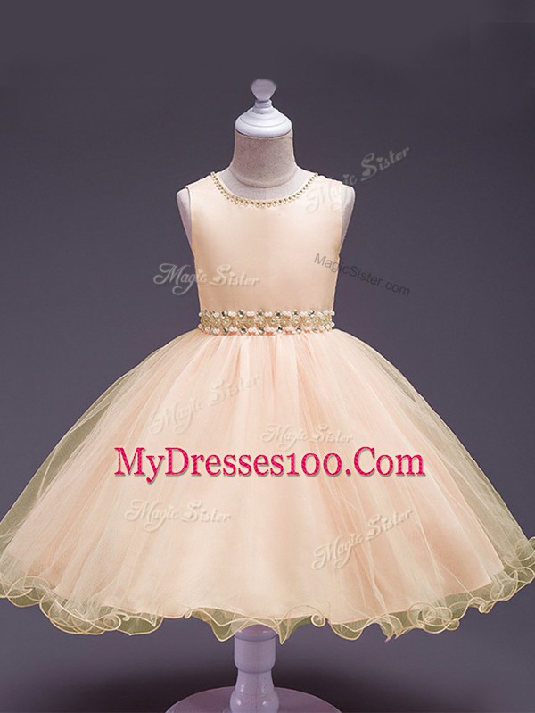 Modest Knee Length Peach Flower Girl Dresses for Less Scoop Sleeveless Zipper