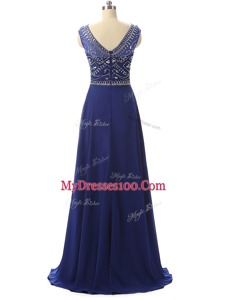 Floor Length Empire Sleeveless Royal Blue Prom Dress Zipper