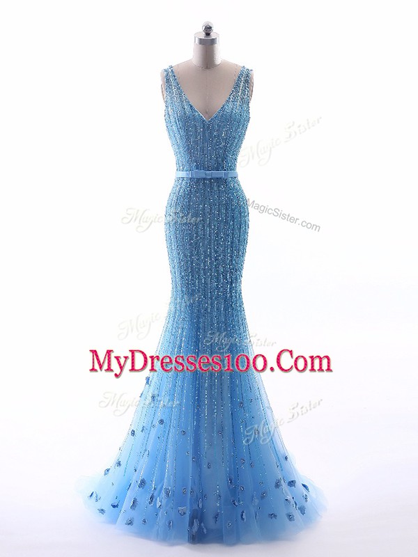 Baby Blue Mermaid Tulle V-neck Sleeveless Beading and Belt and Hand Made Flower Floor Length Zipper Custom Made