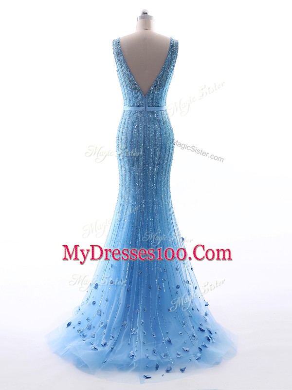 Baby Blue Mermaid Tulle V-neck Sleeveless Beading and Belt and Hand Made Flower Floor Length Zipper Custom Made