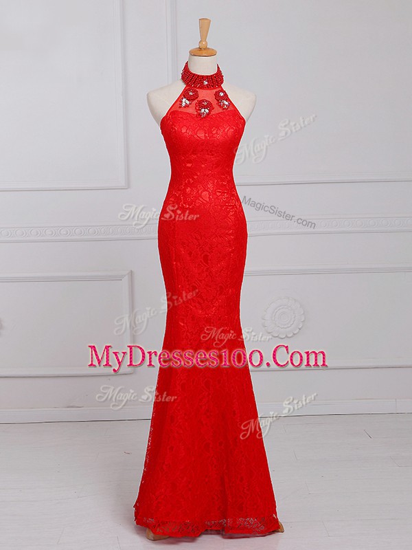 Eye-catching Red Sleeveless Floor Length Beading and Lace Zipper