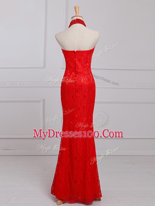 Eye-catching Red Sleeveless Floor Length Beading and Lace Zipper
