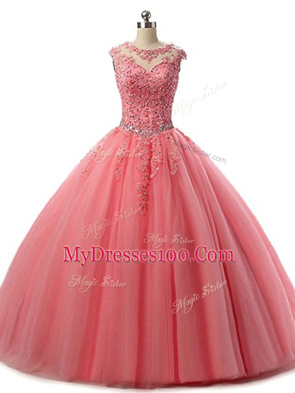 Deluxe Scoop Sleeveless Quinceanera Gowns Floor Length Beading and Lace Watermelon Red Tulle