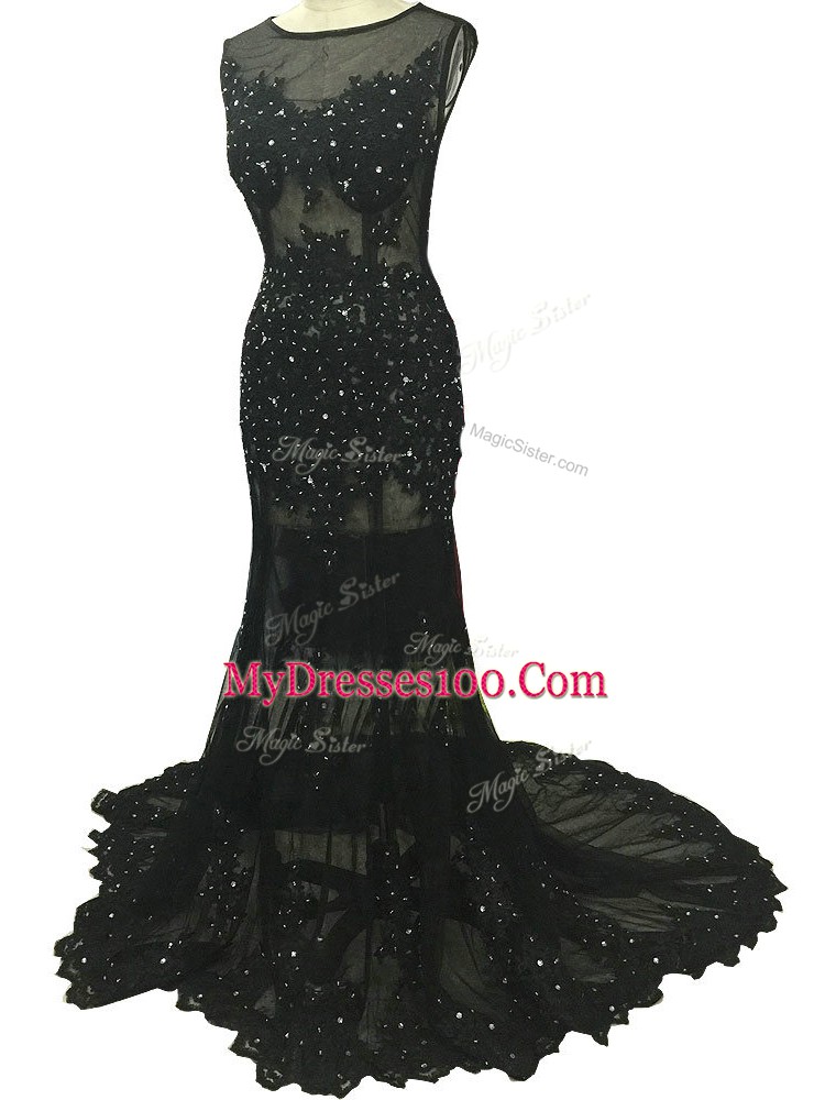 Black Mermaid Beading and Lace and Appliques Mother of Bride Dresses Side Zipper Tulle Sleeveless