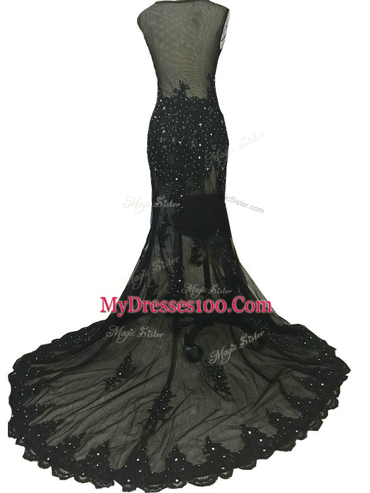 Black Mermaid Beading and Lace and Appliques Mother of Bride Dresses Side Zipper Tulle Sleeveless