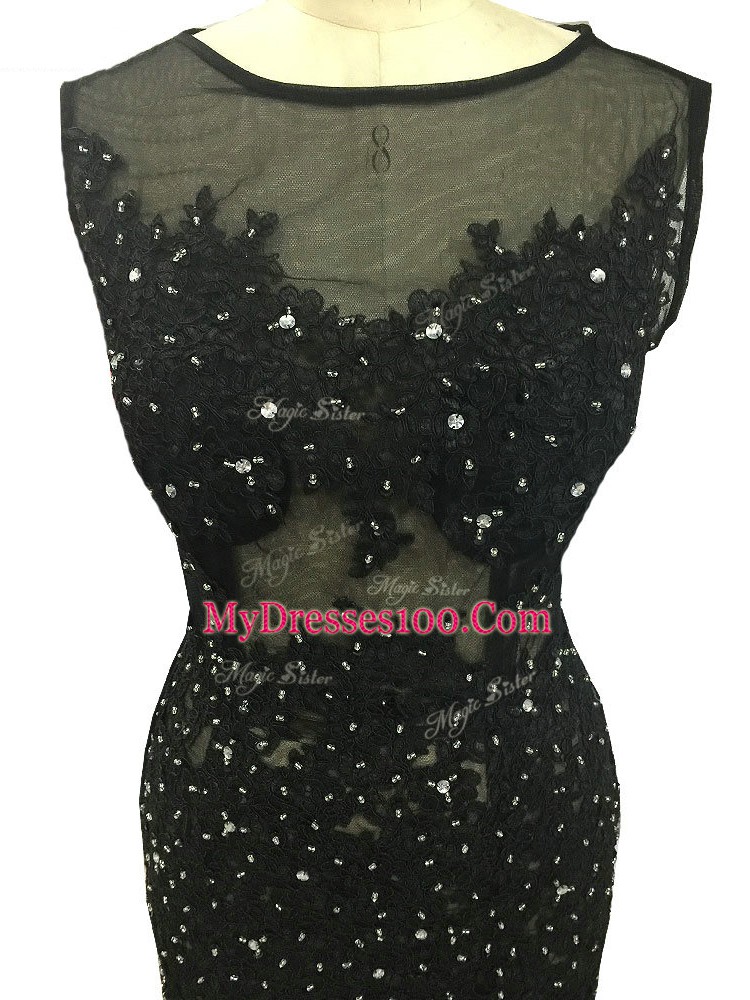 Black Mermaid Beading and Lace and Appliques Mother of Bride Dresses Side Zipper Tulle Sleeveless