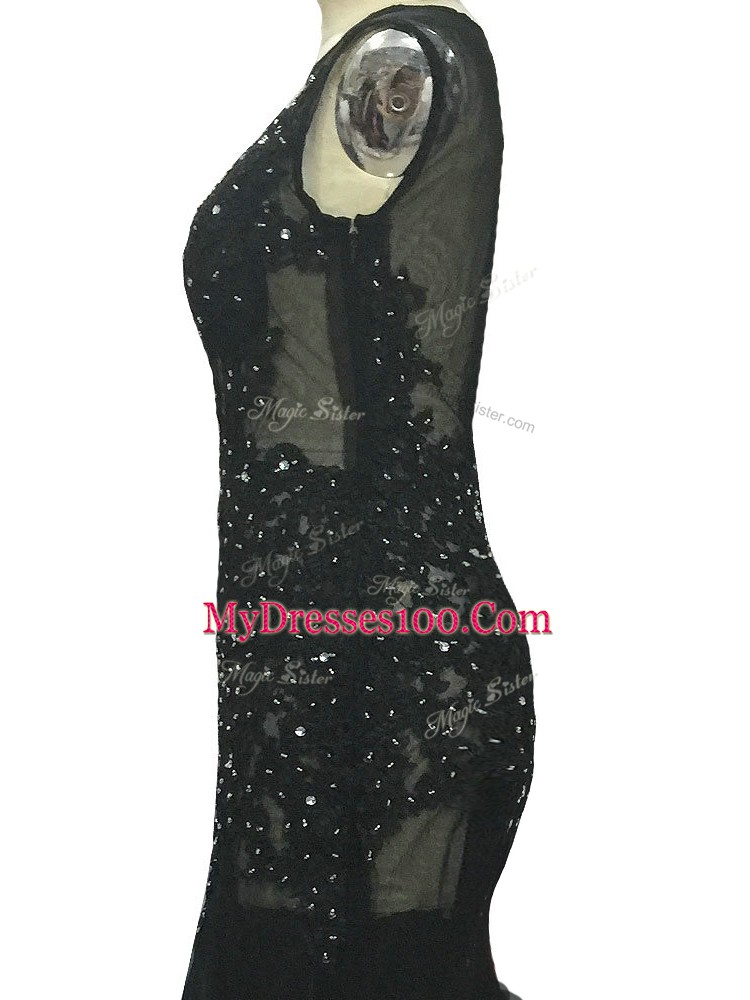 Black Mermaid Beading and Lace and Appliques Mother of Bride Dresses Side Zipper Tulle Sleeveless