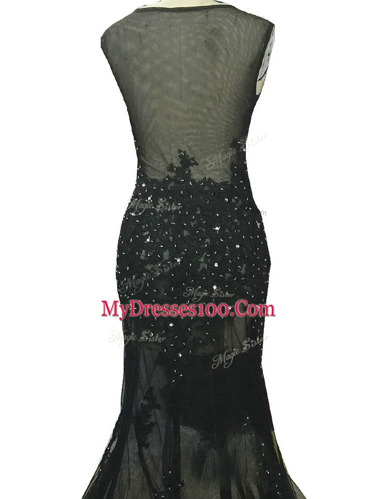 Black Mermaid Beading and Lace and Appliques Mother of Bride Dresses Side Zipper Tulle Sleeveless