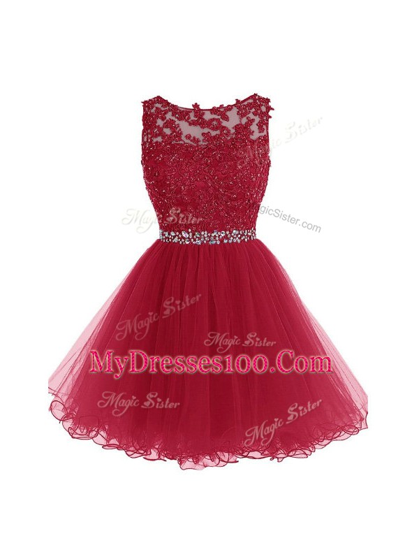 Burgundy A-line Organza Scoop Sleeveless Beading and Lace and Appliques Mini Length Zipper Club Wear