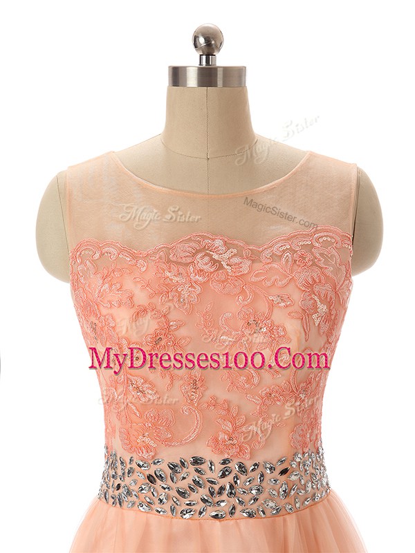 Peach Scoop Neckline Beading and Lace and Appliques Prom Evening Gown Sleeveless Zipper
