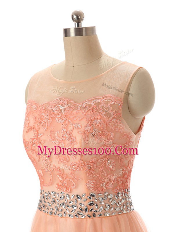 Peach Scoop Neckline Beading and Lace and Appliques Prom Evening Gown Sleeveless Zipper