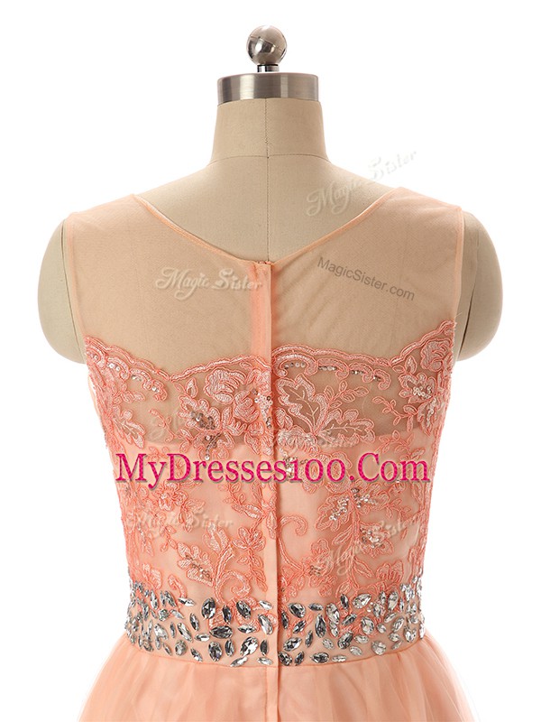 Peach Scoop Neckline Beading and Lace and Appliques Prom Evening Gown Sleeveless Zipper