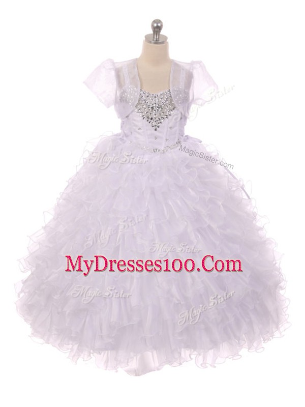 Eye-catching White Lace Up Little Girl Pageant Gowns Beading and Ruffles Sleeveless Floor Length