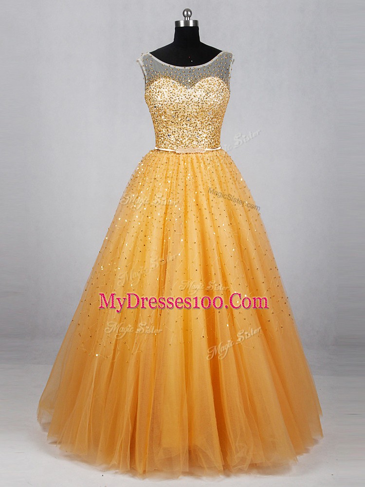 Discount Sleeveless Tulle Floor Length Lace Up Evening Dress in Gold with Beading and Sequins