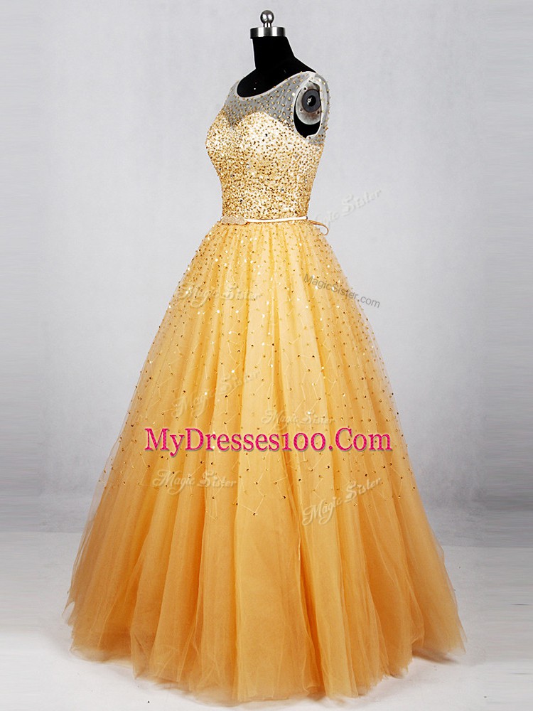 Discount Sleeveless Tulle Floor Length Lace Up Evening Dress in Gold with Beading and Sequins