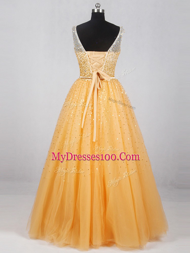 Discount Sleeveless Tulle Floor Length Lace Up Evening Dress in Gold with Beading and Sequins