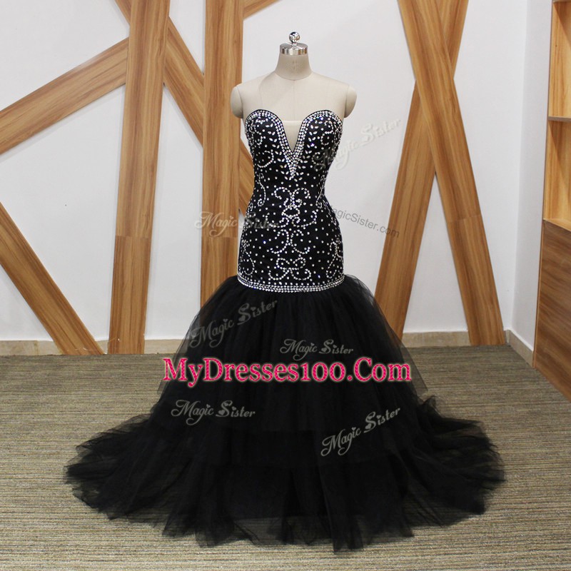 Sumptuous Sweetheart Sleeveless Tulle Prom Evening Gown Beading Brush Train Lace Up