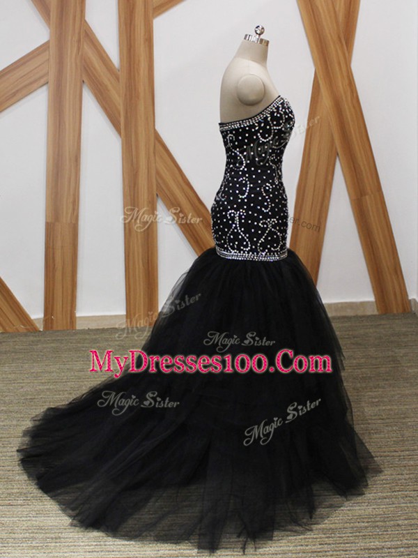 Sumptuous Sweetheart Sleeveless Tulle Prom Evening Gown Beading Brush Train Lace Up