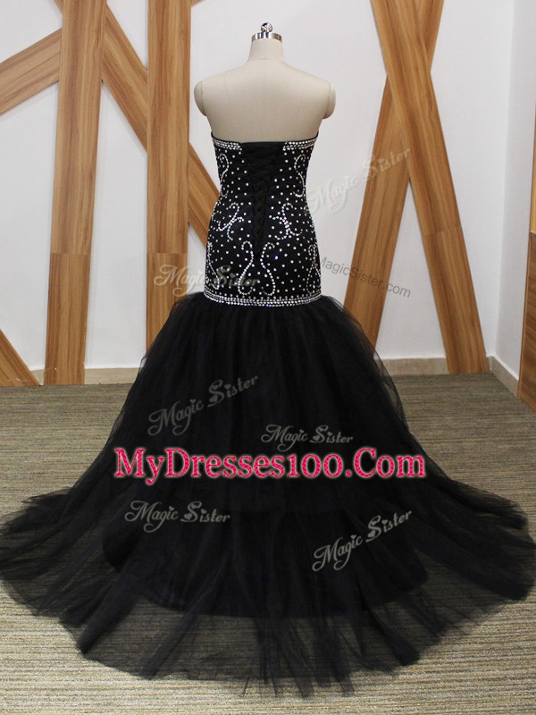 Sumptuous Sweetheart Sleeveless Tulle Prom Evening Gown Beading Brush Train Lace Up