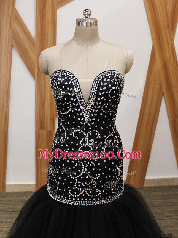 Sumptuous Sweetheart Sleeveless Tulle Prom Evening Gown Beading Brush Train Lace Up