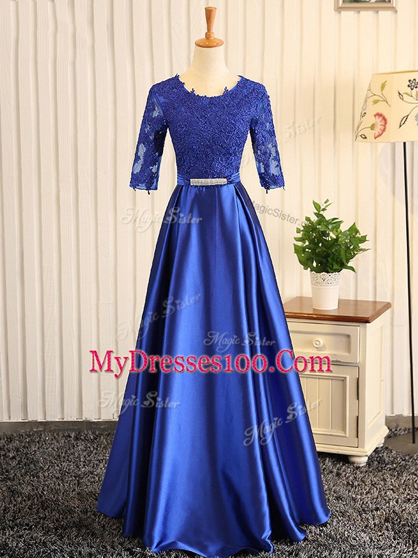 A-line Prom Gown Blue Scoop Elastic Woven Satin Half Sleeves Floor Length Zipper