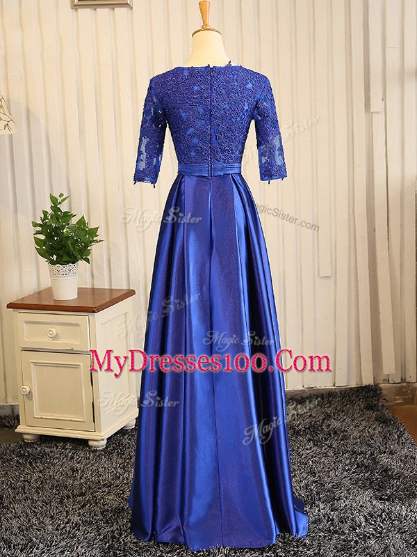 A-line Prom Gown Blue Scoop Elastic Woven Satin Half Sleeves Floor Length Zipper