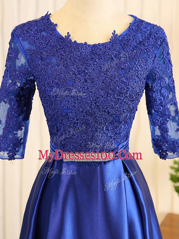 A-line Prom Gown Blue Scoop Elastic Woven Satin Half Sleeves Floor Length Zipper