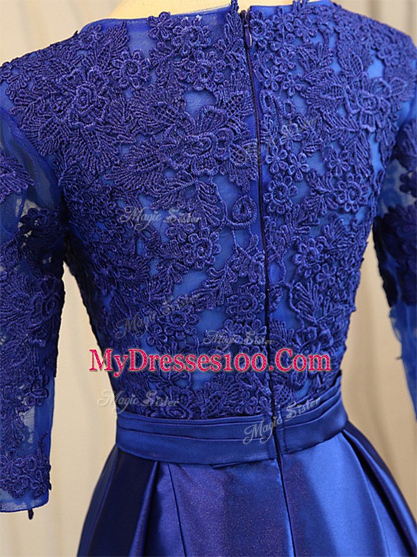A-line Prom Gown Blue Scoop Elastic Woven Satin Half Sleeves Floor Length Zipper