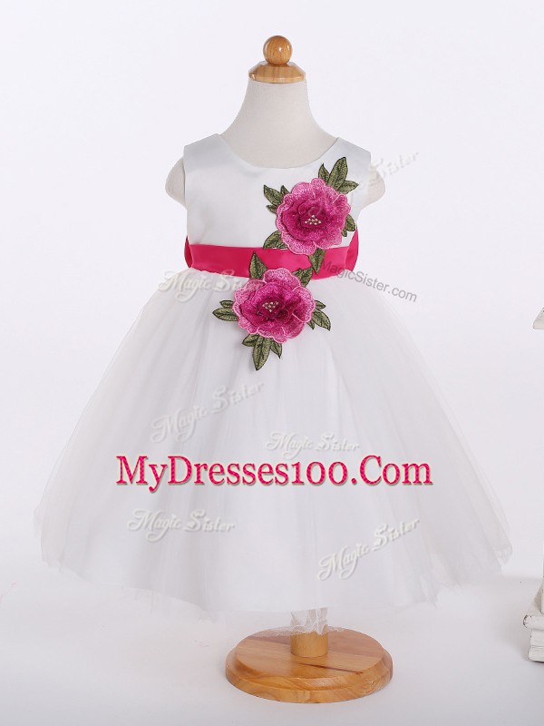 Exceptional Tulle Scoop Sleeveless Zipper Bowknot and Hand Made Flower Flower Girl Dress in White