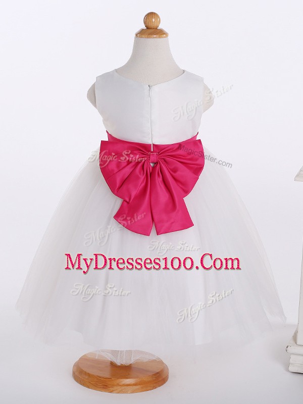 Exceptional Tulle Scoop Sleeveless Zipper Bowknot and Hand Made Flower Flower Girl Dress in White