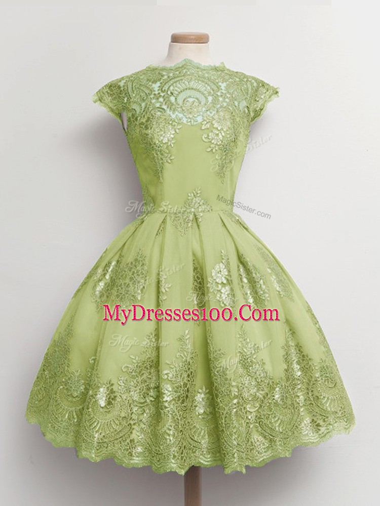 Perfect A-line Bridesmaid Gown Yellow Green Scalloped Tulle Cap Sleeves Knee Length Lace Up