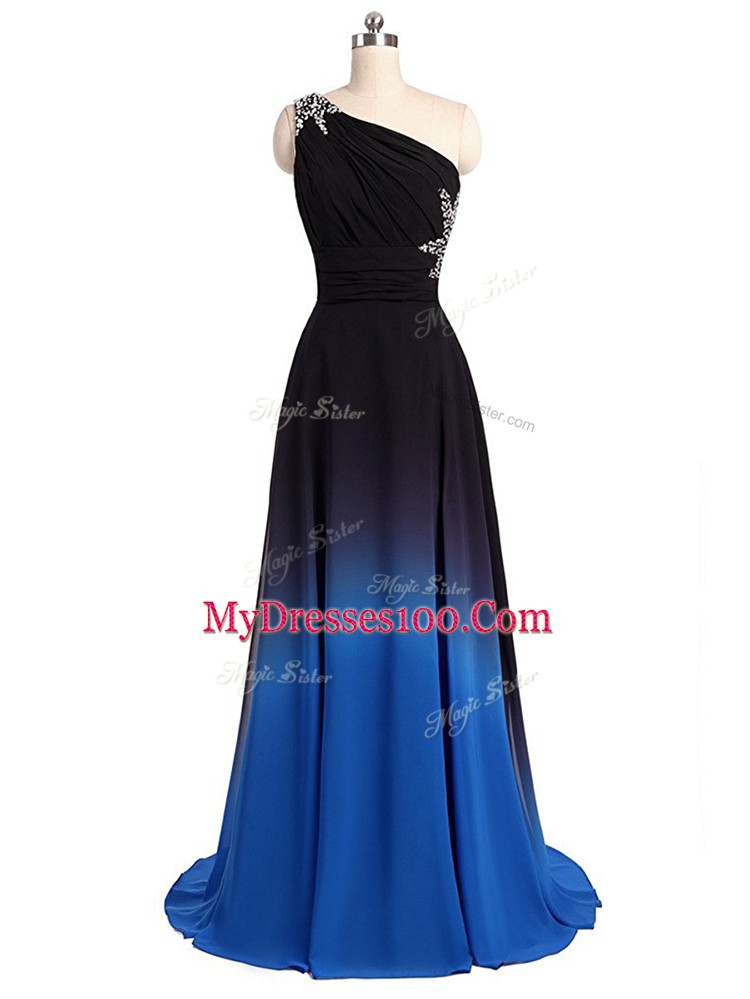 Sleeveless Brush Train Lace Up Beading and Ruching Prom Dress