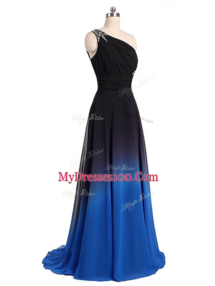 Sleeveless Brush Train Lace Up Beading and Ruching Prom Dress