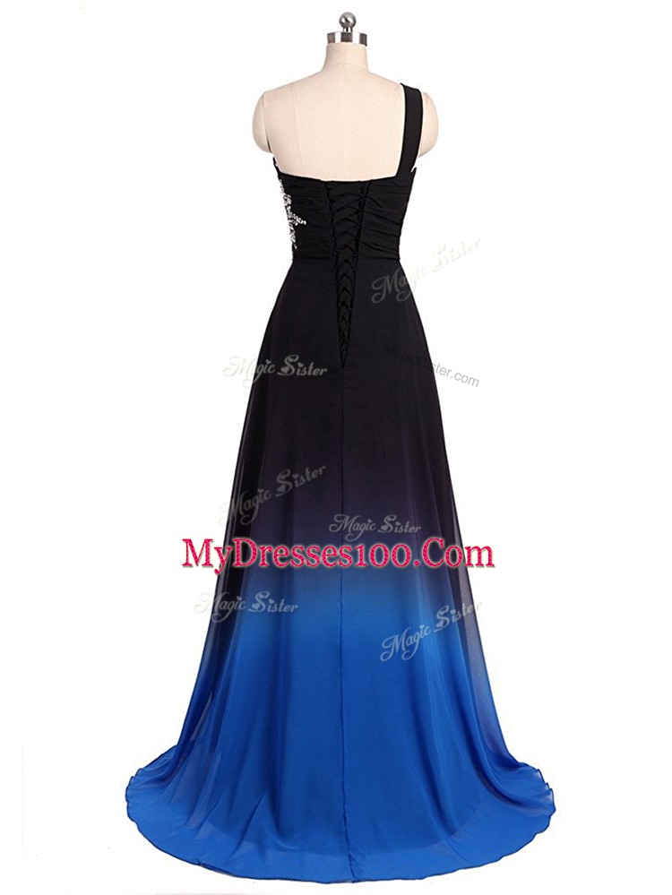 Sleeveless Brush Train Lace Up Beading and Ruching Prom Dress
