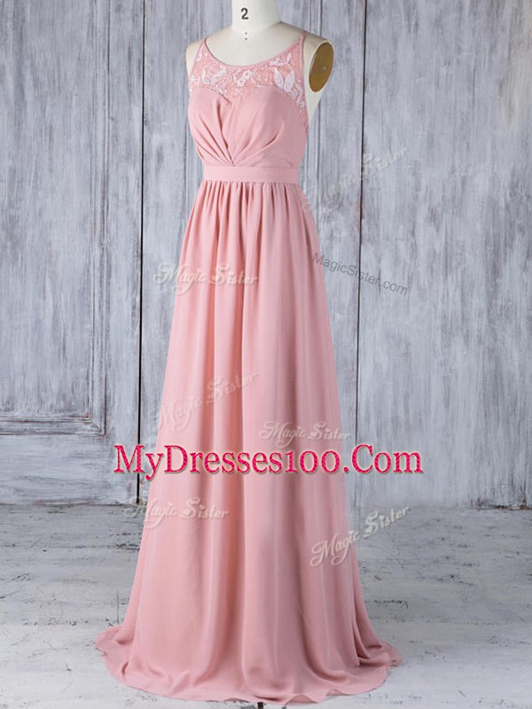 Best Pink Empire Chiffon Scoop Sleeveless Appliques Floor Length Criss Cross Bridesmaid Gown