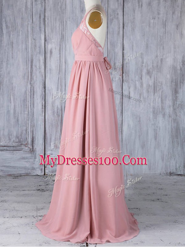 Best Pink Empire Chiffon Scoop Sleeveless Appliques Floor Length Criss Cross Bridesmaid Gown