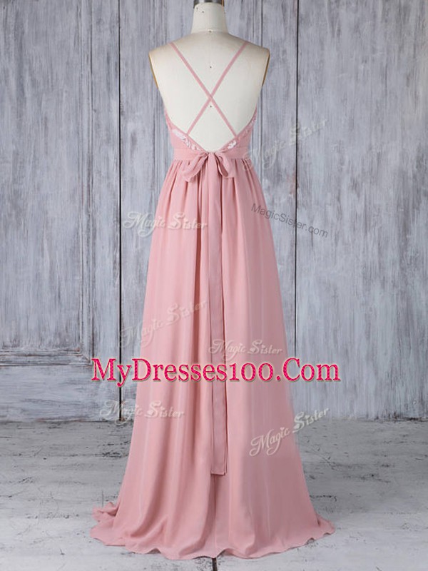 Best Pink Empire Chiffon Scoop Sleeveless Appliques Floor Length Criss Cross Bridesmaid Gown